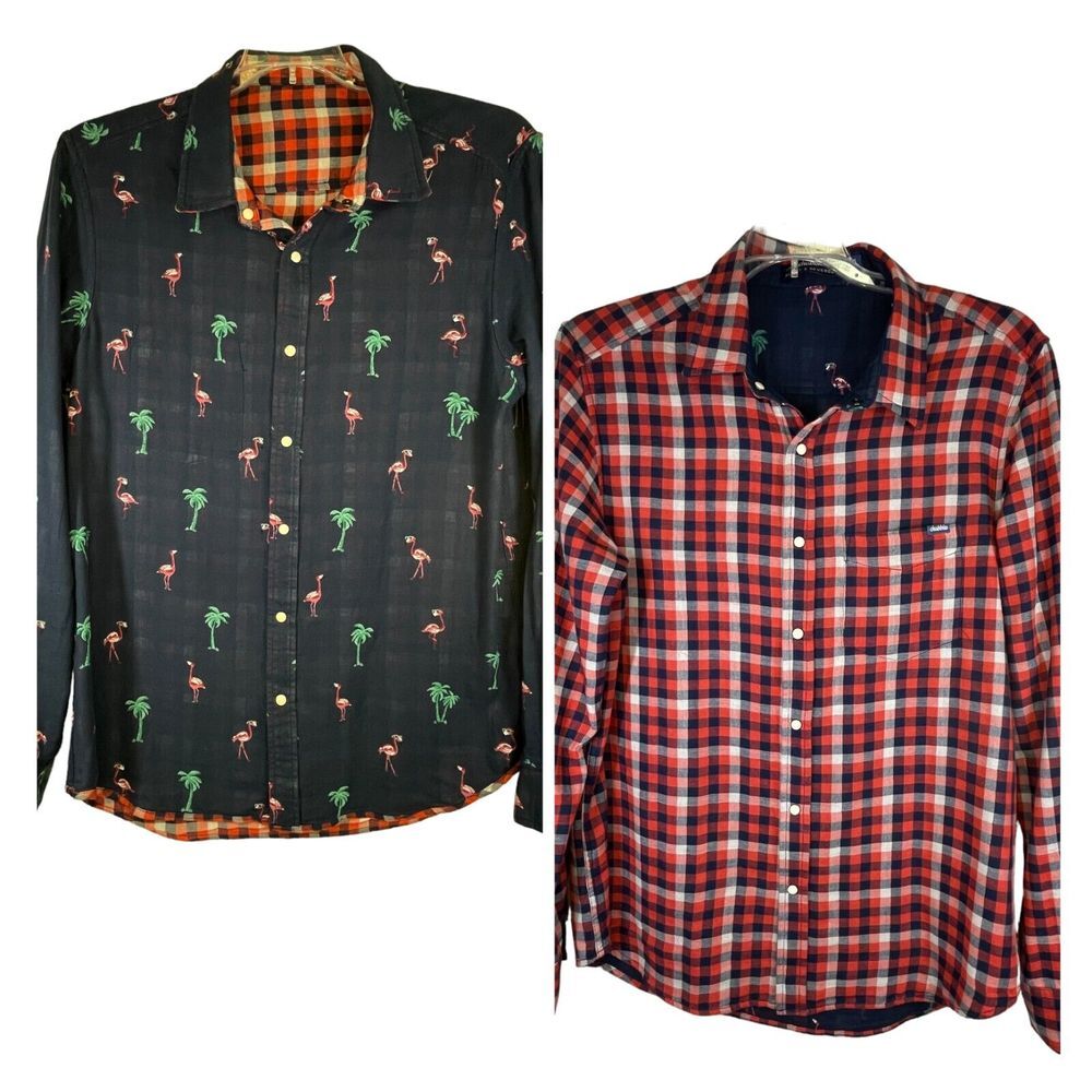 Chubbies Flip it Reverse It Reversible Flamingos Snap Button Plaid Shirt Mens Lg